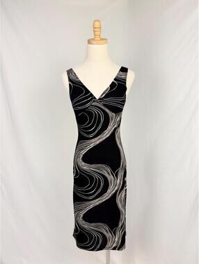 Vintage 90s Black Abstract Cream Swirl Stretch Midi Dress XS Small